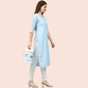 Side view of women with NIXY dishwash gel aqua blue 5L